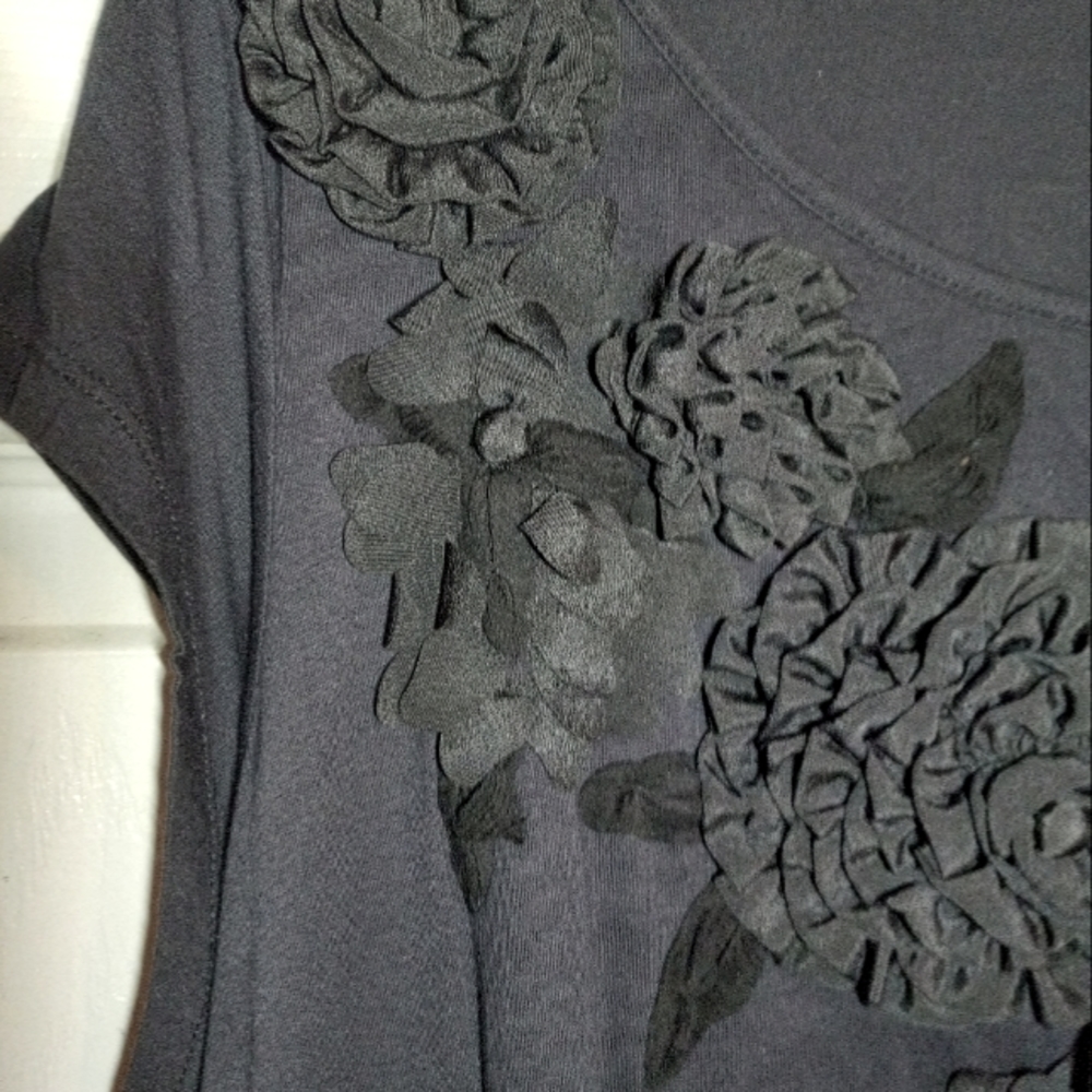 Navy blue floral design, leggings length top.